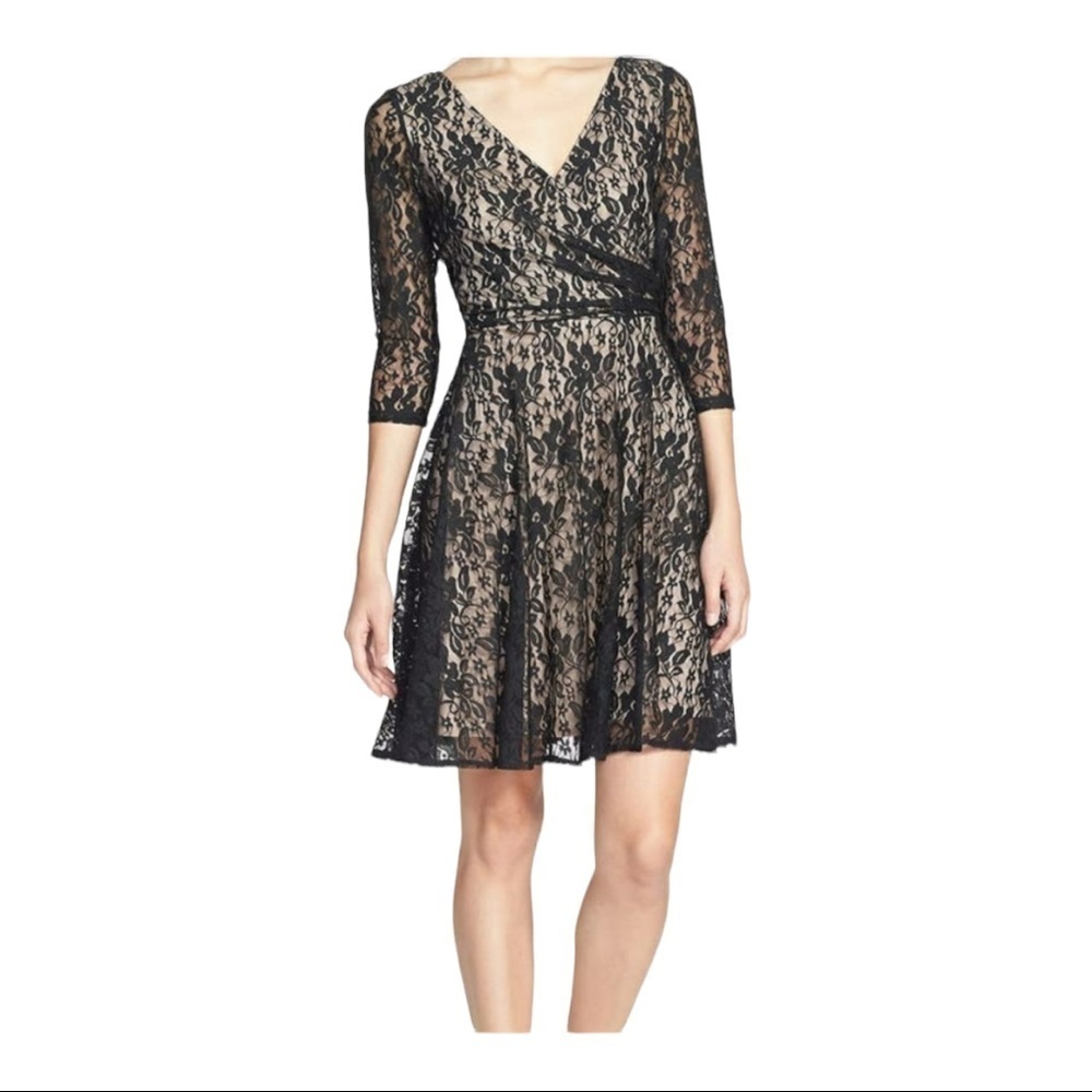 Maggy London Black Floral Lace Fit & Flare Dress Size 4 V-Back Faux Wrap Bodice